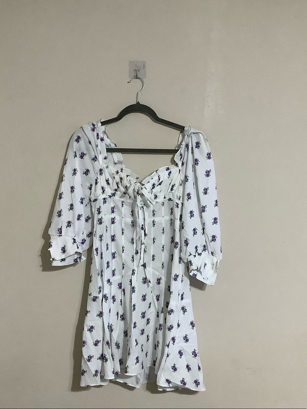 70/21 White Mini Dress with Purple Floral Tie-Front